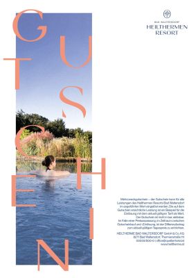 Gutschein mit Bild von Frau die im Thermalwasser entspannt