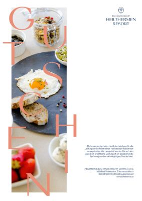 Gutschein mit Bild von Spiegelei, Brot und Obst
