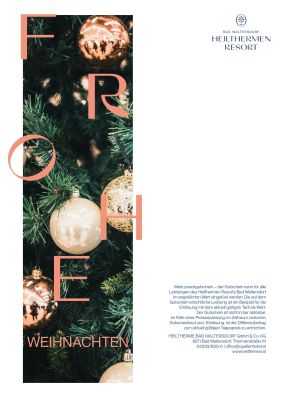 Gutschein mit Bild von Weihnachtsbaumästen mit Weihnachtskugeln darauf